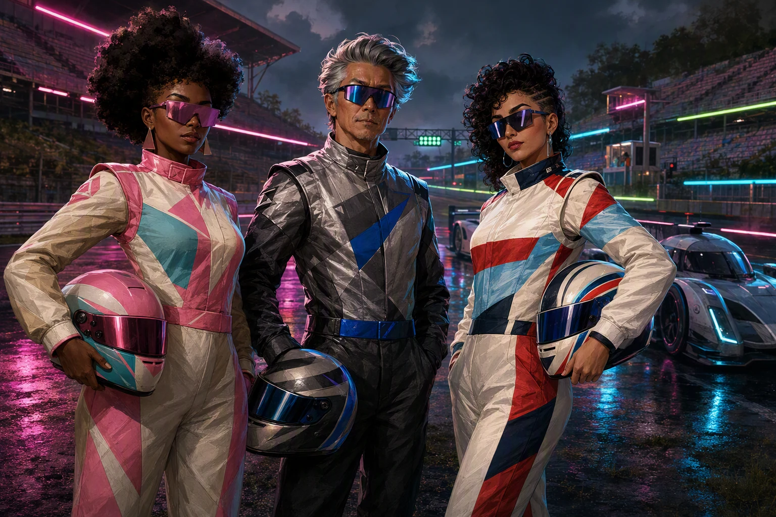 Painted concept art of a group of Overcut drivers in distinct racing suits