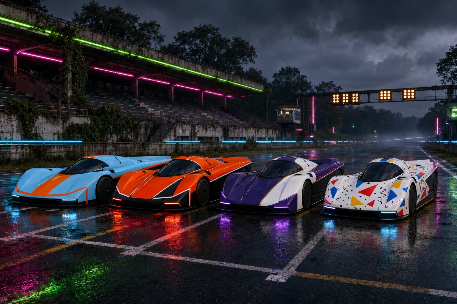 Concept lineup of four identical Overcut cars wearing different liveries